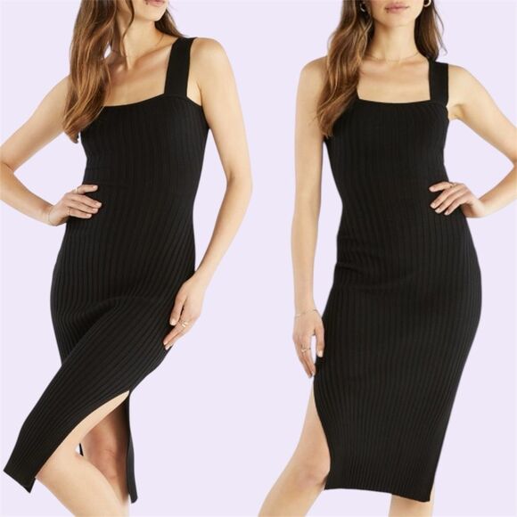JustFab Women’s 2X Plus Black Rib Knit Bodycon Midi Dress Leg Slit Stretch - Picture 1 of 10